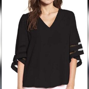Elegant Black Women's Mesh Bell Sleeve Top, Sz. XL